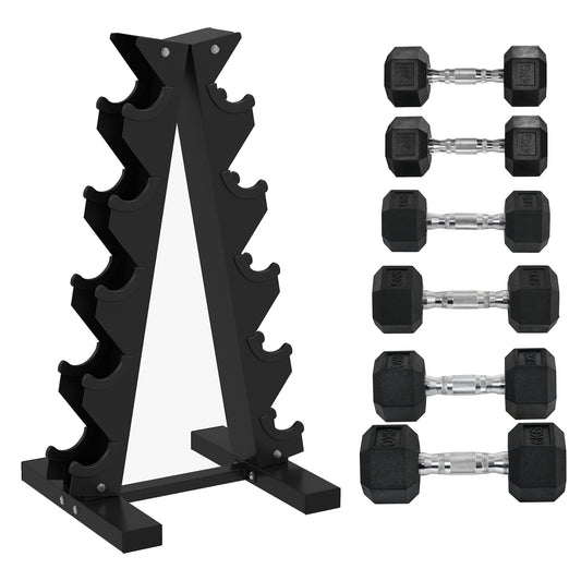 SPORTNOW 5-Tier Dumbbell Rack With 6 Hexagonal Rubber Dumbbells (2x4kg, 2x5kg, 2x6kg), Dumbbell Storage Stand Holder With Weights Sets For Home Gym Fitness, Black