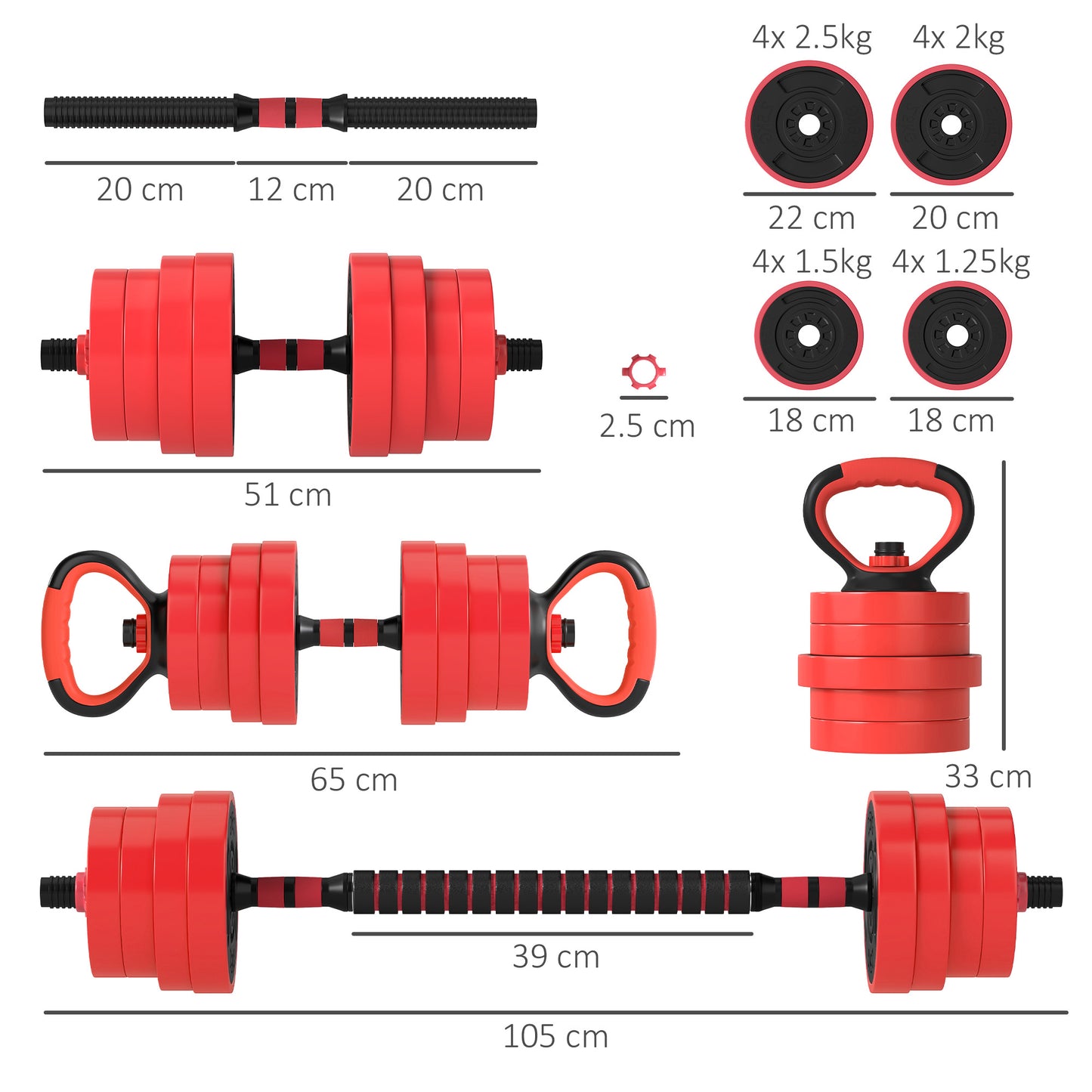SPORTNOW 30kg 6-In-One Adjustable Weight Dumbbells Set, Barbell, Kettlebell, Push Up Stand - Red