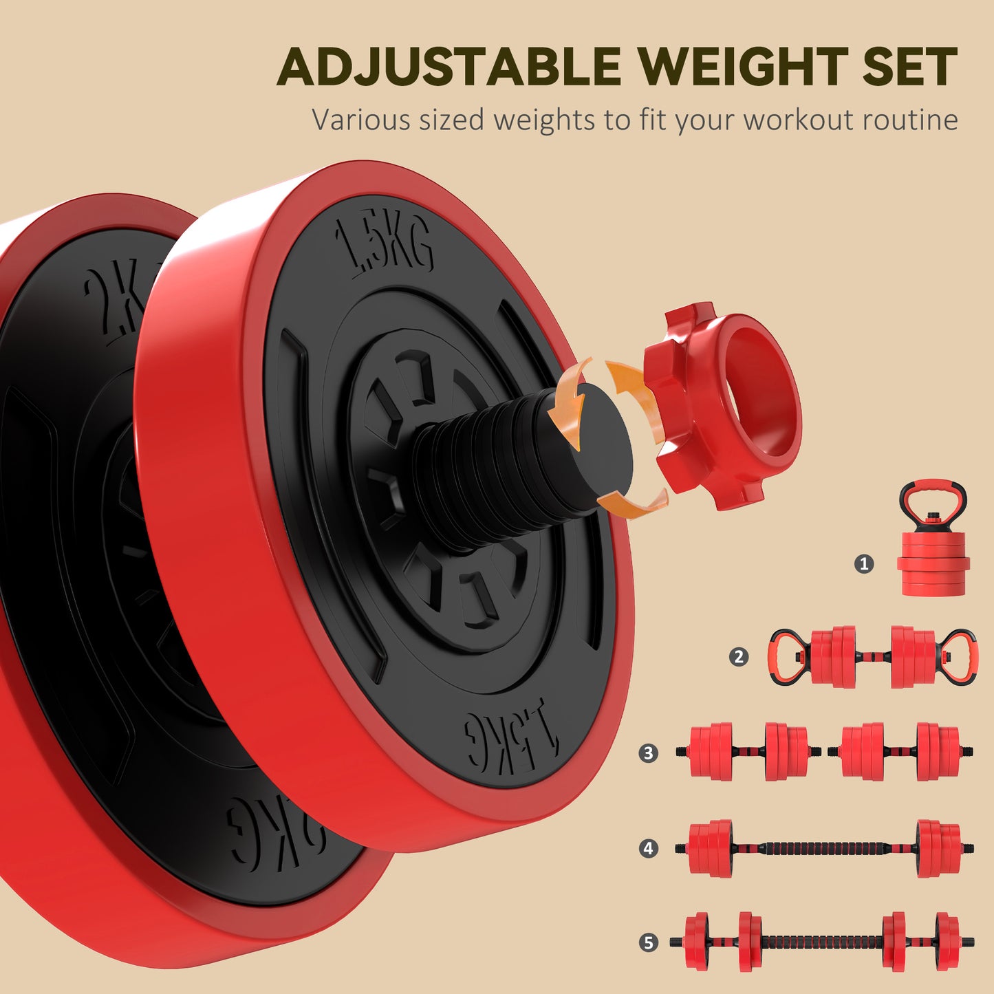 SPORTNOW 30kg 6-In-One Adjustable Weight Dumbbells Set, Barbell, Kettlebell, Push Up Stand - Red