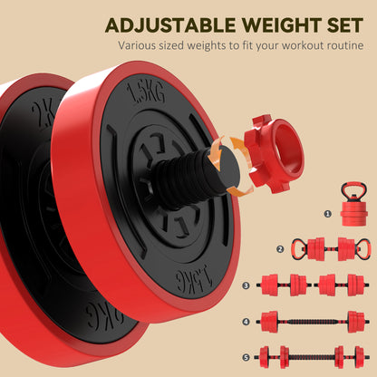 SPORTNOW 30kg 6-In-One Adjustable Weight Dumbbells Set, Barbell, Kettlebell, Push Up Stand - Red